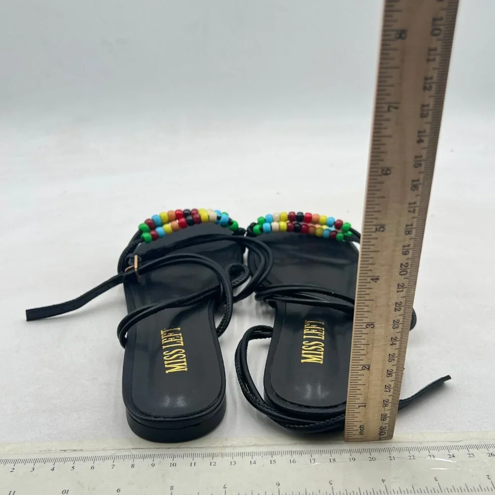 miss left Black Beaded Flat Sandals for Women Ankle Strap Open Toe Slide Sandals - Picture 5 of 8